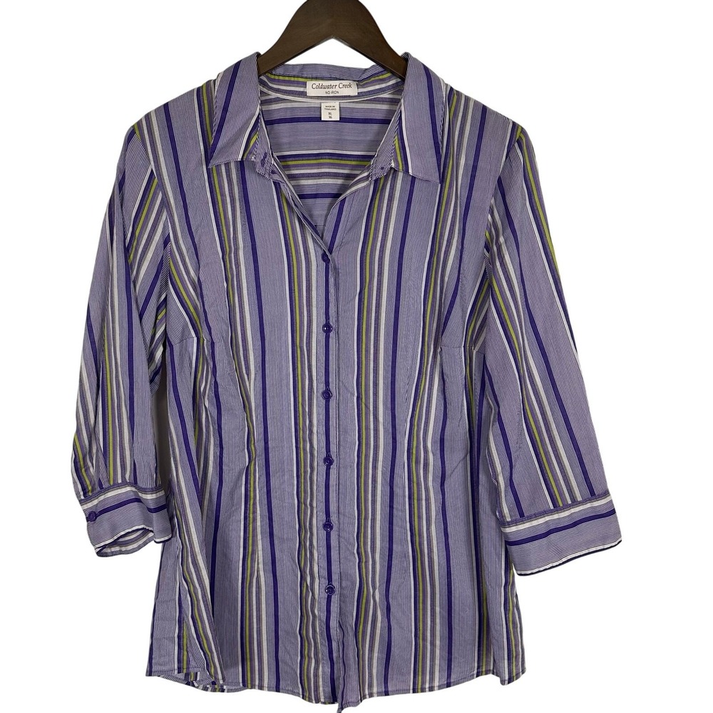 Coldwater Creek 3/4 Sleeve No Iron Button Up Shirt Purple Stripe XL Lightweight